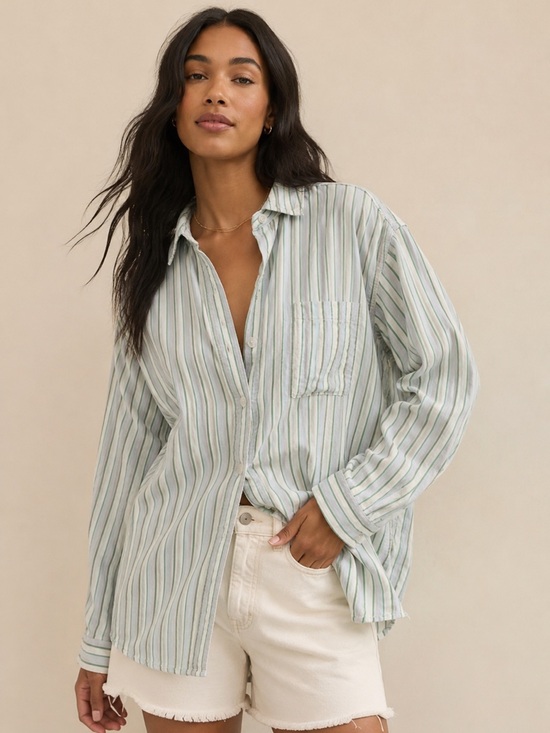 aerie Tops - Aerie 100% Cotton Blue Green Striped Button Down Shirt XL Oversized Pocket Top